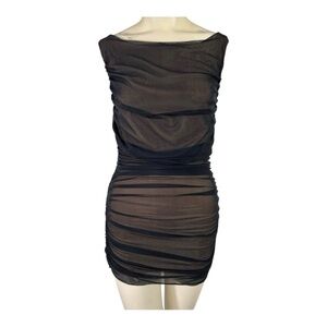CUTEST BANDAGE DRESS! Bailey 44 Black Mesh Ruched Mini Dress in Black over Nude.